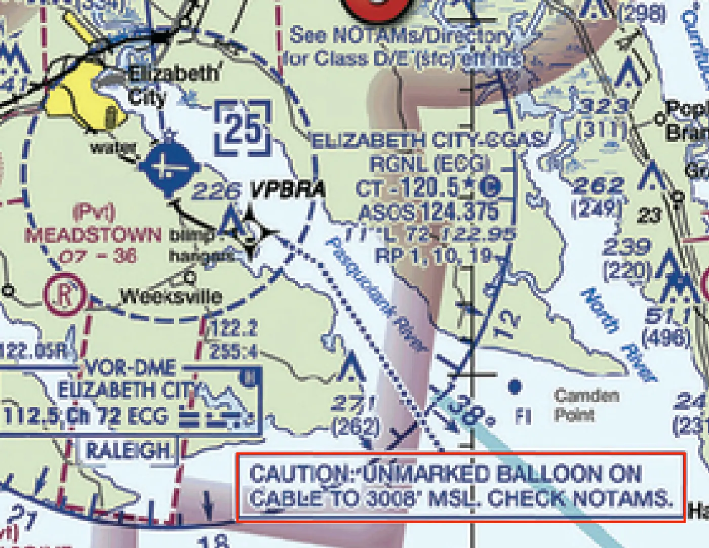 Detail of an FAA sectional chart near Elizabeth City, North Carolina