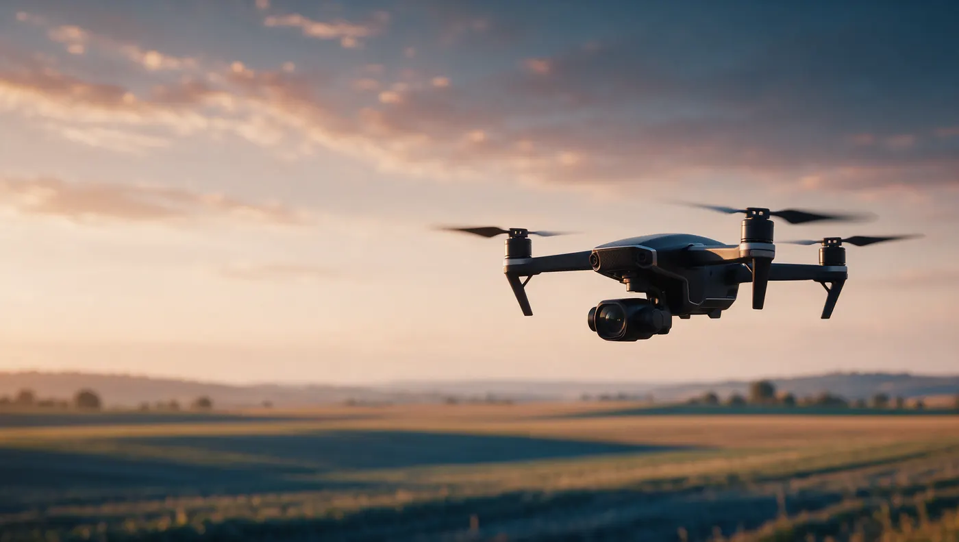 A quadcopter drone in flight over farmland at sunset